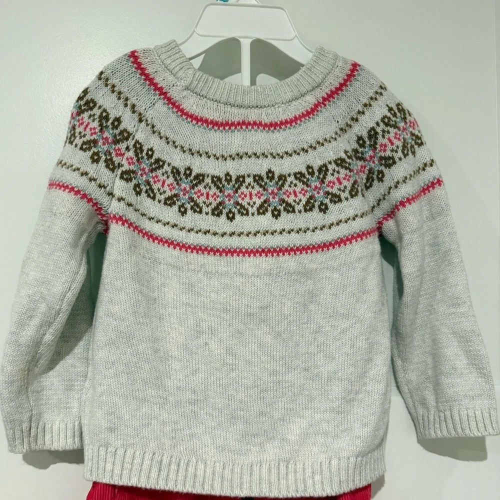 Carter's Cream Fair Isle Sweater with Pink and Brown Accents & Red Pants
